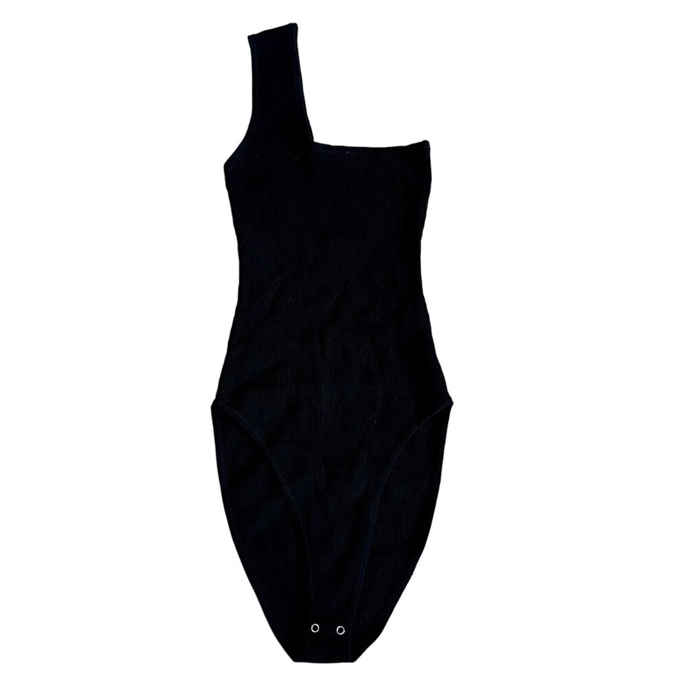 Zara Ribbed One Shoulder Straight Neck Button Snap Bodysuit Women's Small S
